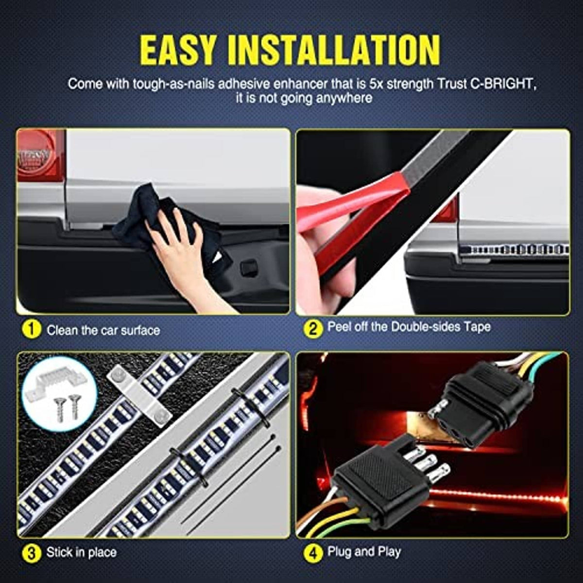 LED tailgate light strip with adhesive tape and plug-and-play wiring for mounting