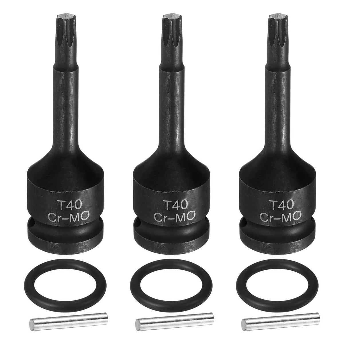 T40 Torx impact socket bits, 1/2-inch drive, black, with O-ring and pin
