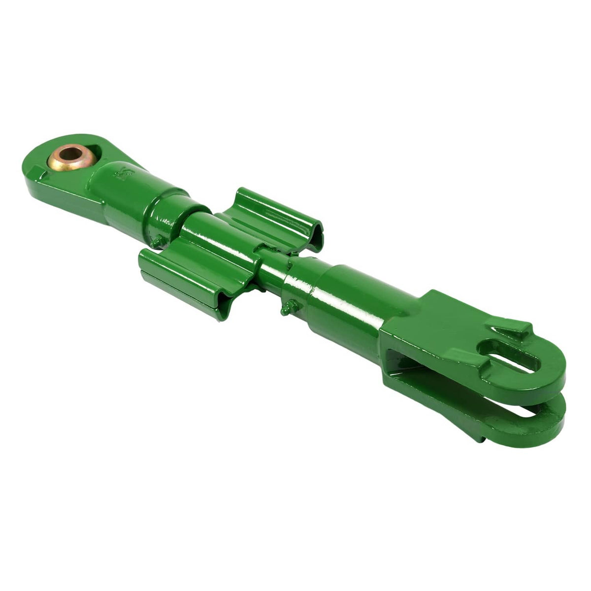 Green 3-point tractor lift link with pin hole and forked ends
