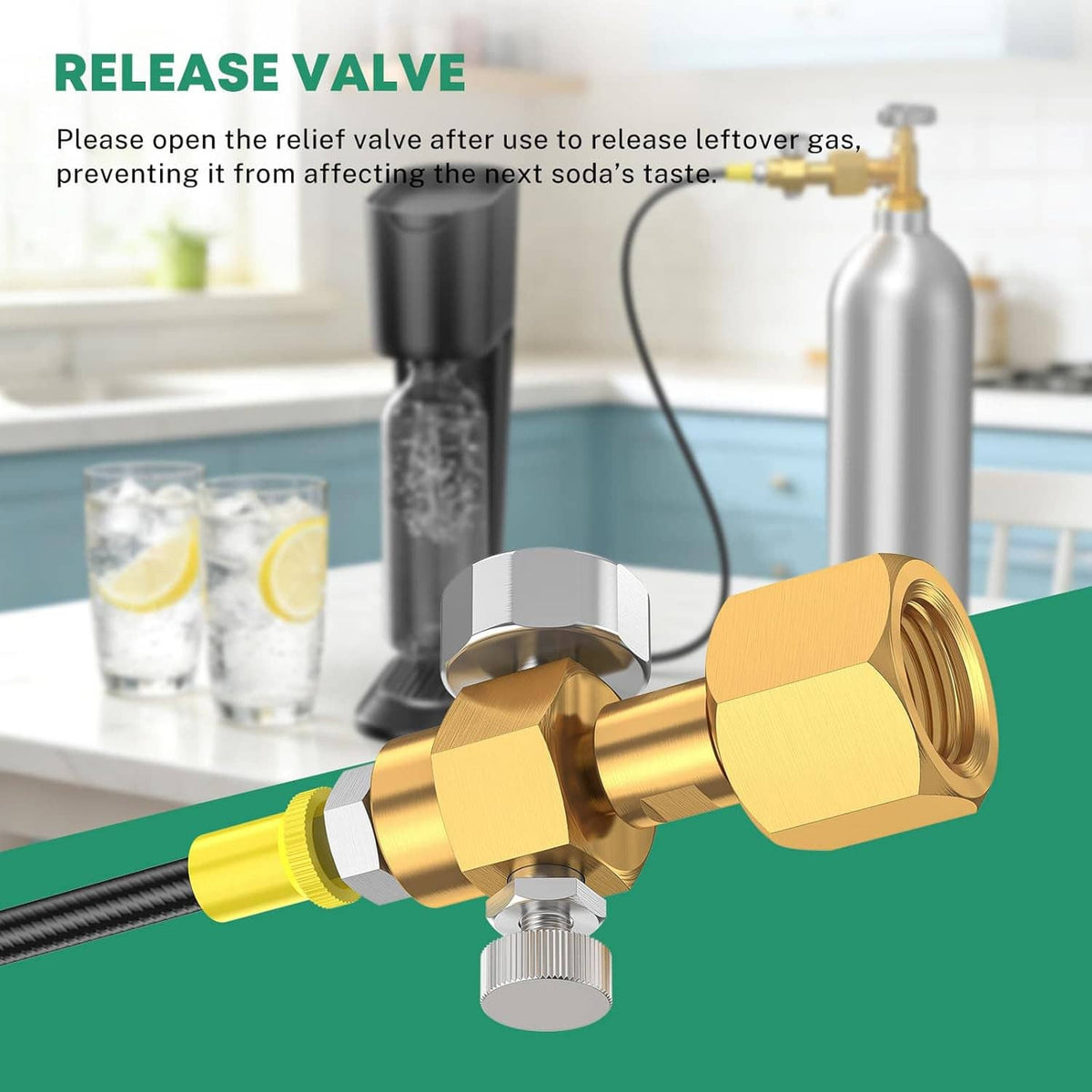 Brass CO2 release valve with quick connector on black hose and mounting hardware