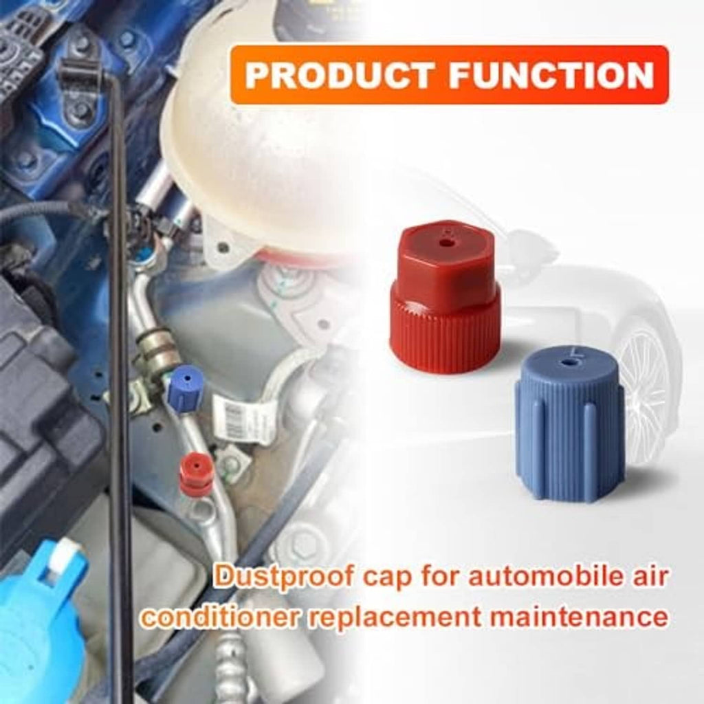 Red and blue ribbed plastic caps for automobile AC service ports, shown near engine bay fittings.