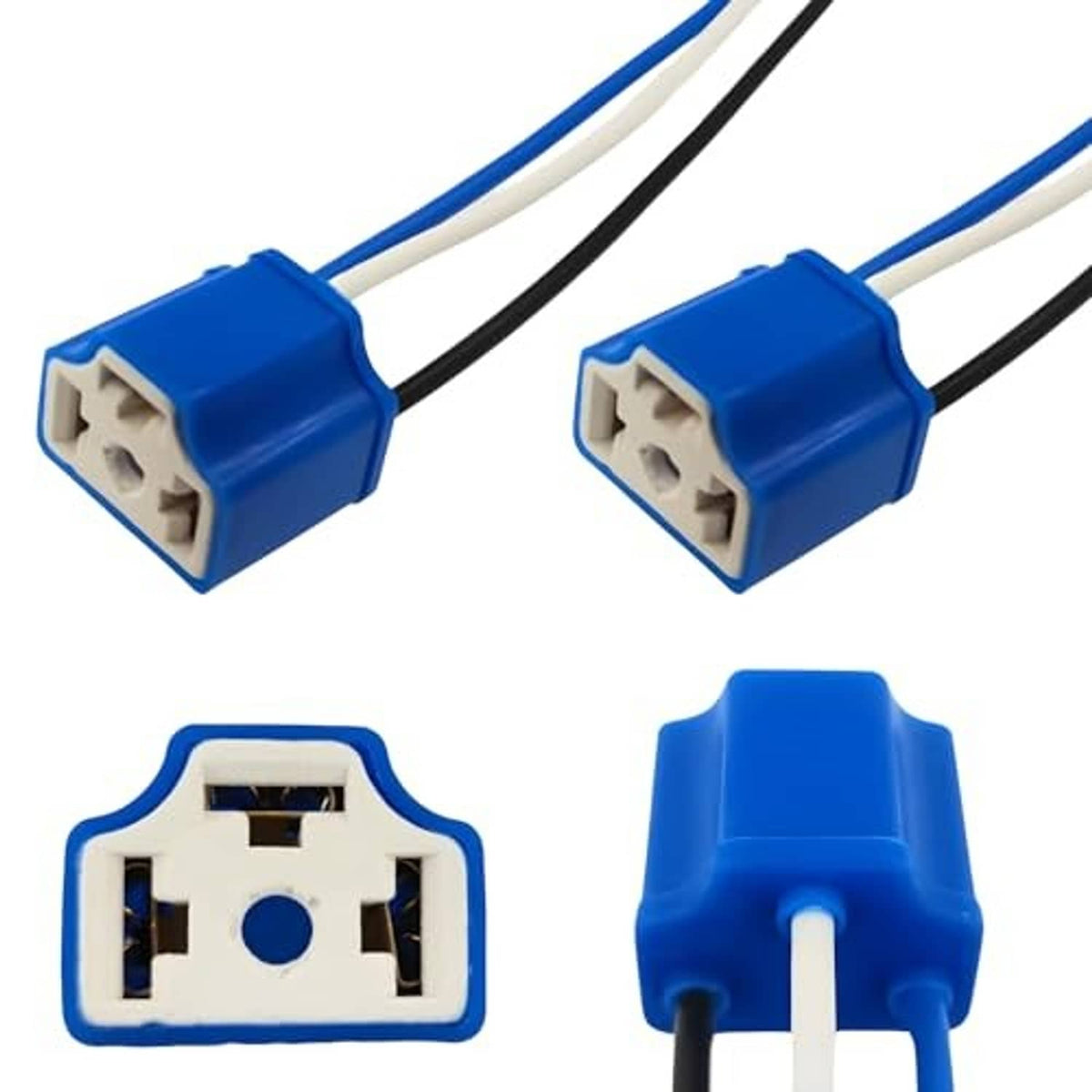 Pair of blue H4 female headlight connector pigtails with wire leads