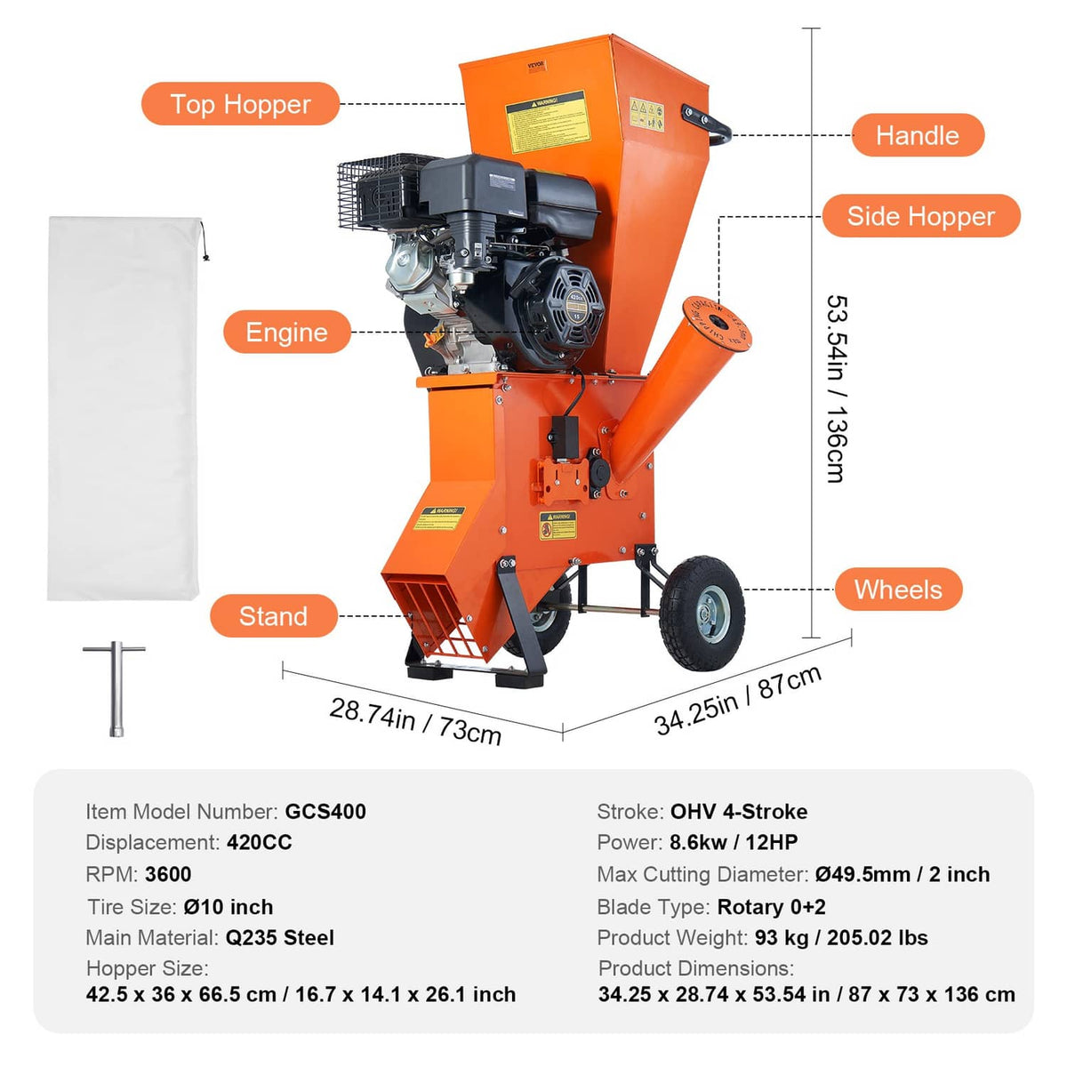 Orange wood chipper shredder mulcher with handle, stand, and two hoppers