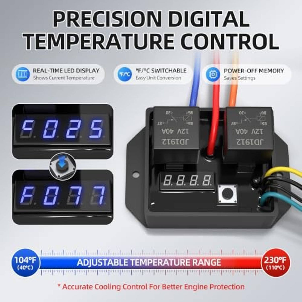 Digital temperature control unit with blue LED display and round adjustment knob