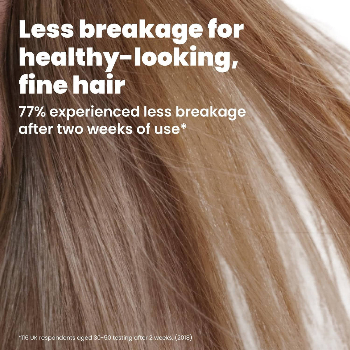 Fine hair close-up showing reduced breakage message over hair