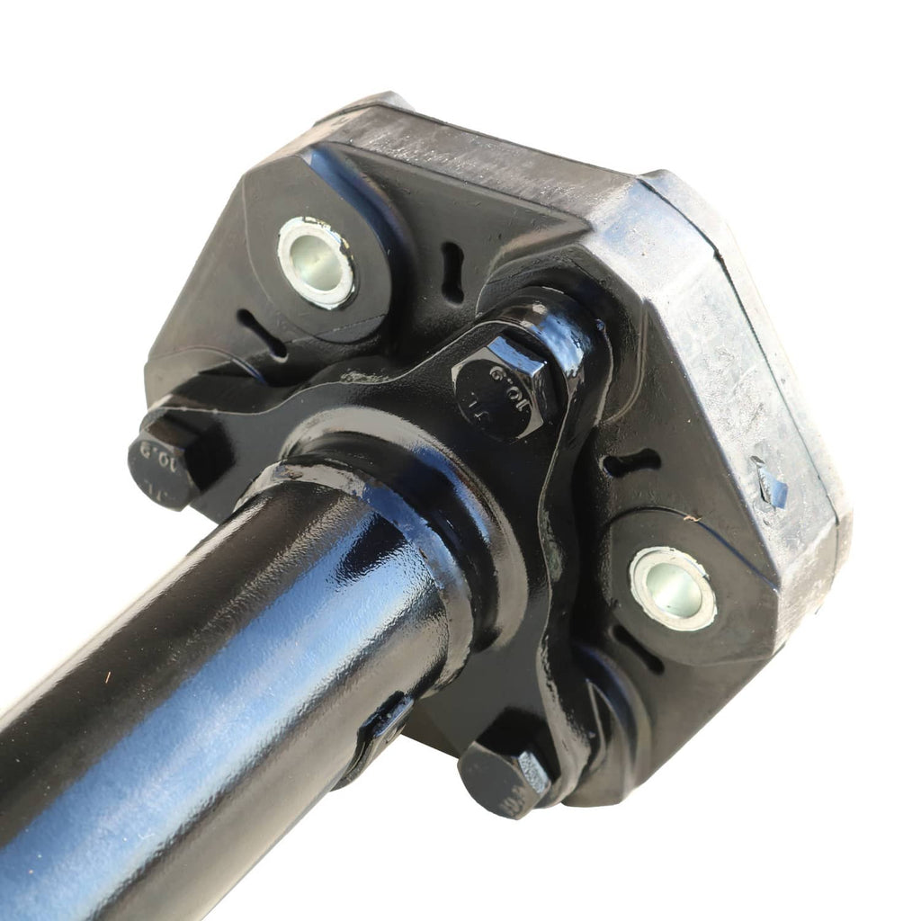 Drive shaft assembly with black mounting bracket and blue steel shaft, circular bolt holes