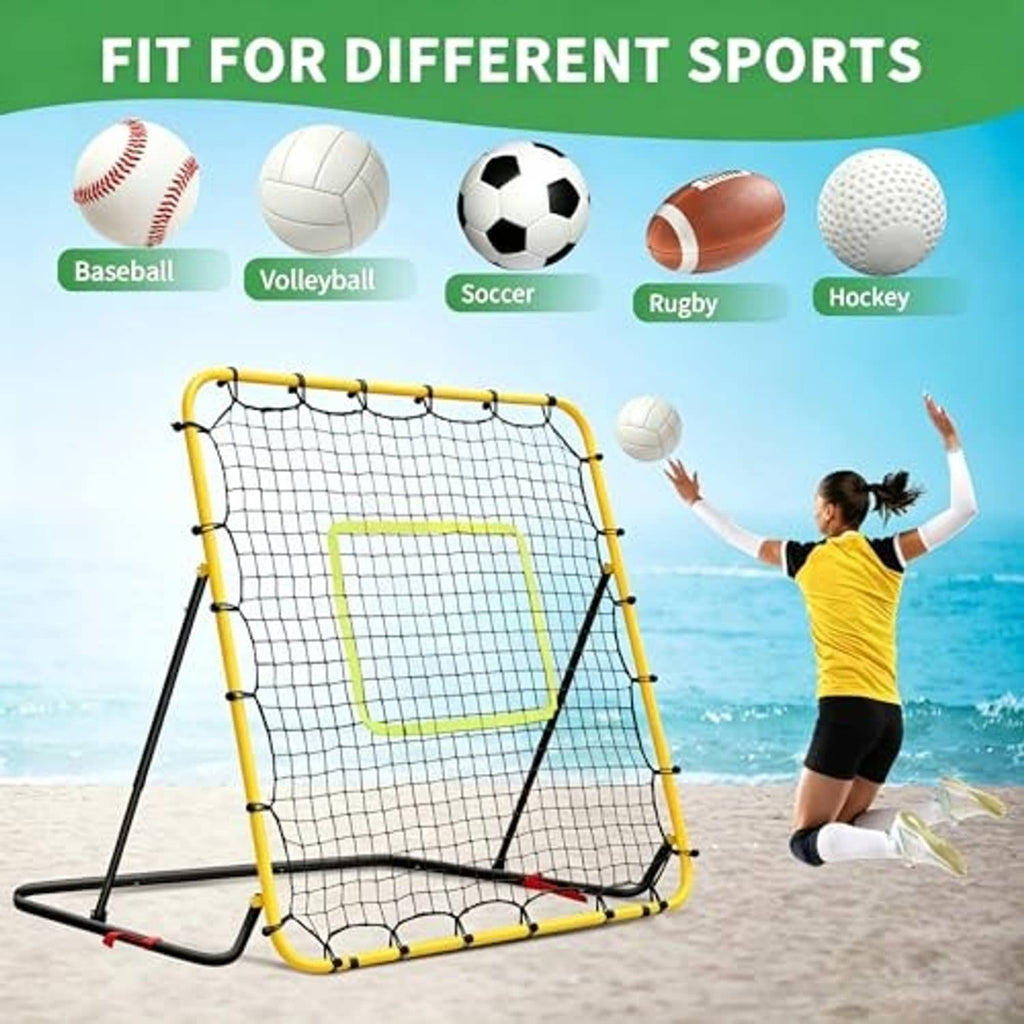 Yellow foldable rebounder net with white mesh and green target square, black legs, freestanding