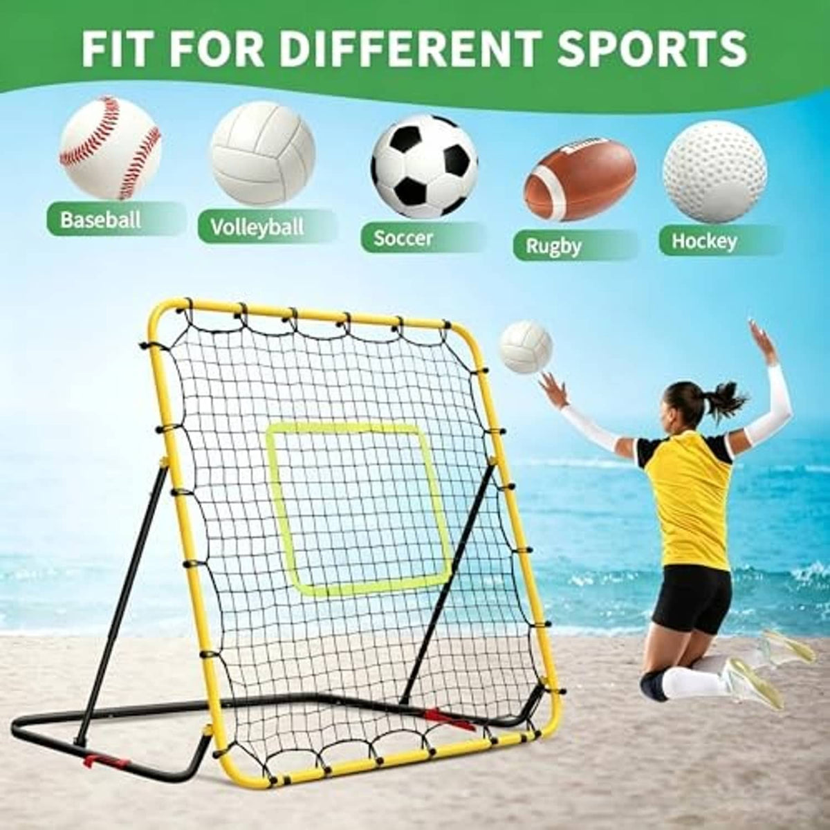 Yellow foldable rebounder net with white mesh and green target square, black legs, freestanding