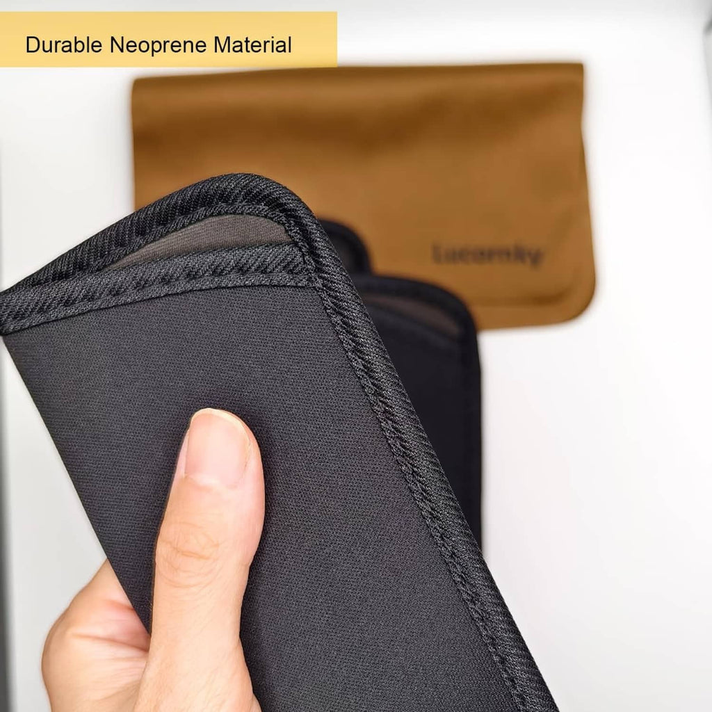 Close-up of a black neoprene-style glasses pouch with hand holding it