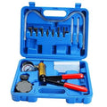 Vacuum pump tester set with gauge and brake bleeder tools in blue plastic case