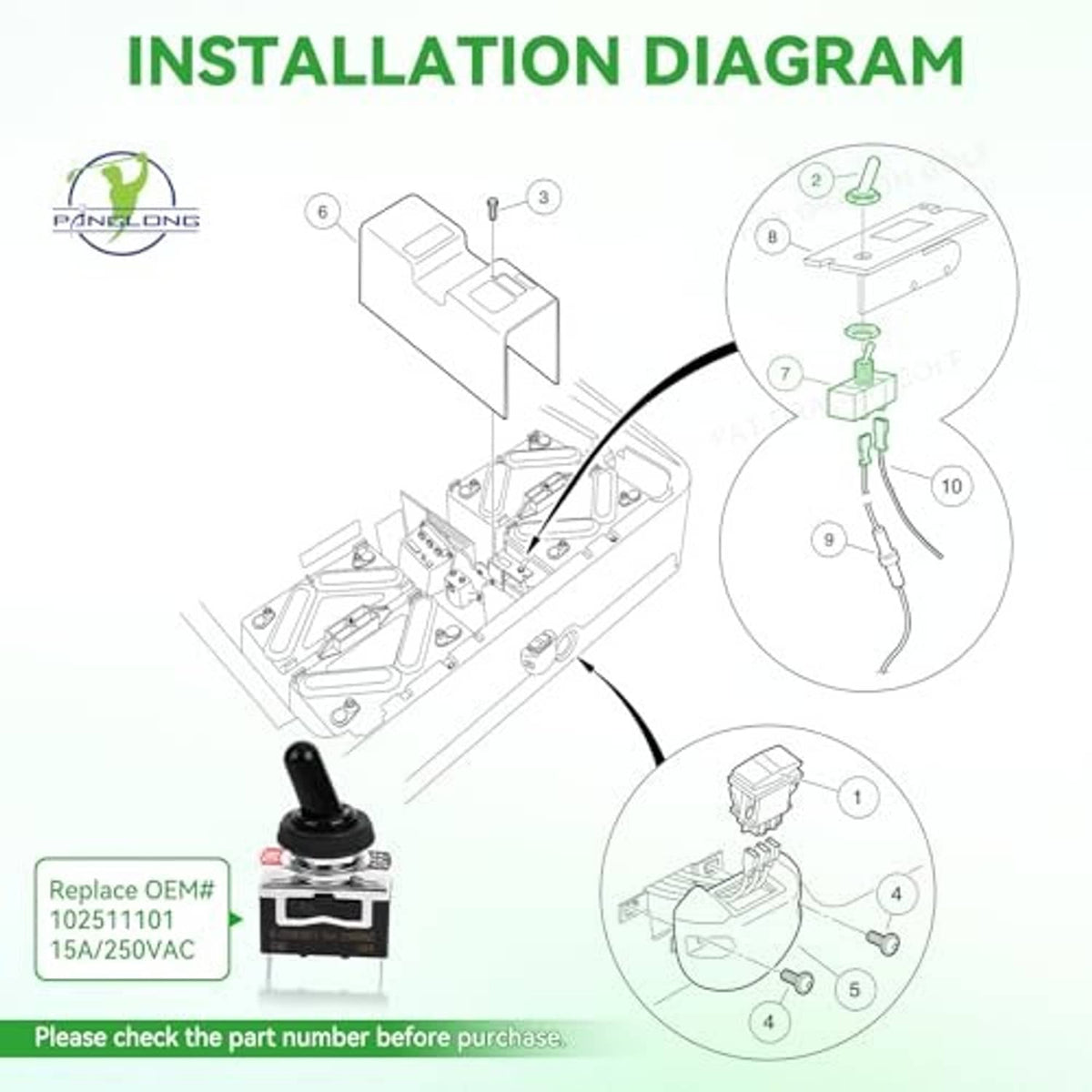 Tow/run switch installation diagram with illustrated switch and wiring terminals