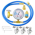 Blue refrigerant charge hose kit with analog pressure gauge and brass fittings.