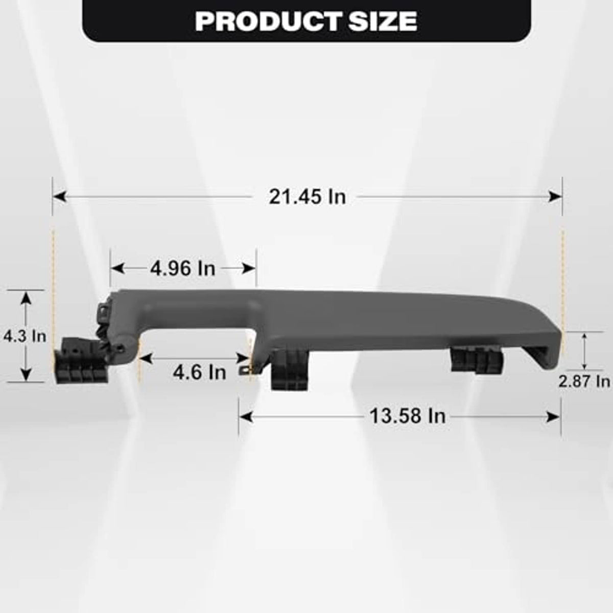 Gray door armrest handle shown with product size measurement diagram