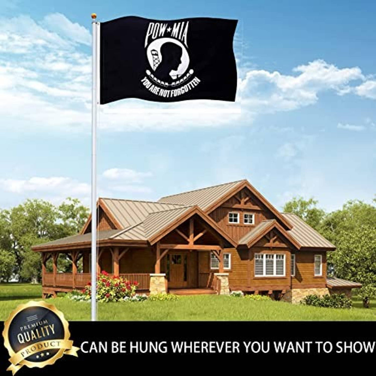 POW-MIA memorial flag flying on a pole, black fabric with white emblem