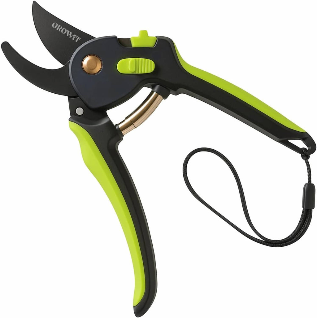Black and neon green pruning shears with curved blades and finger loop lanyard