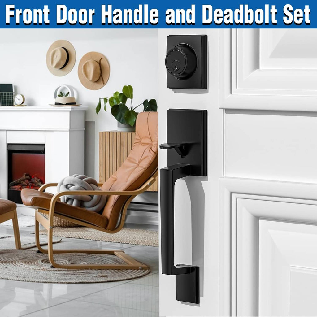 Matte black exterior door handle and deadbolt set with lever and round key cylinder