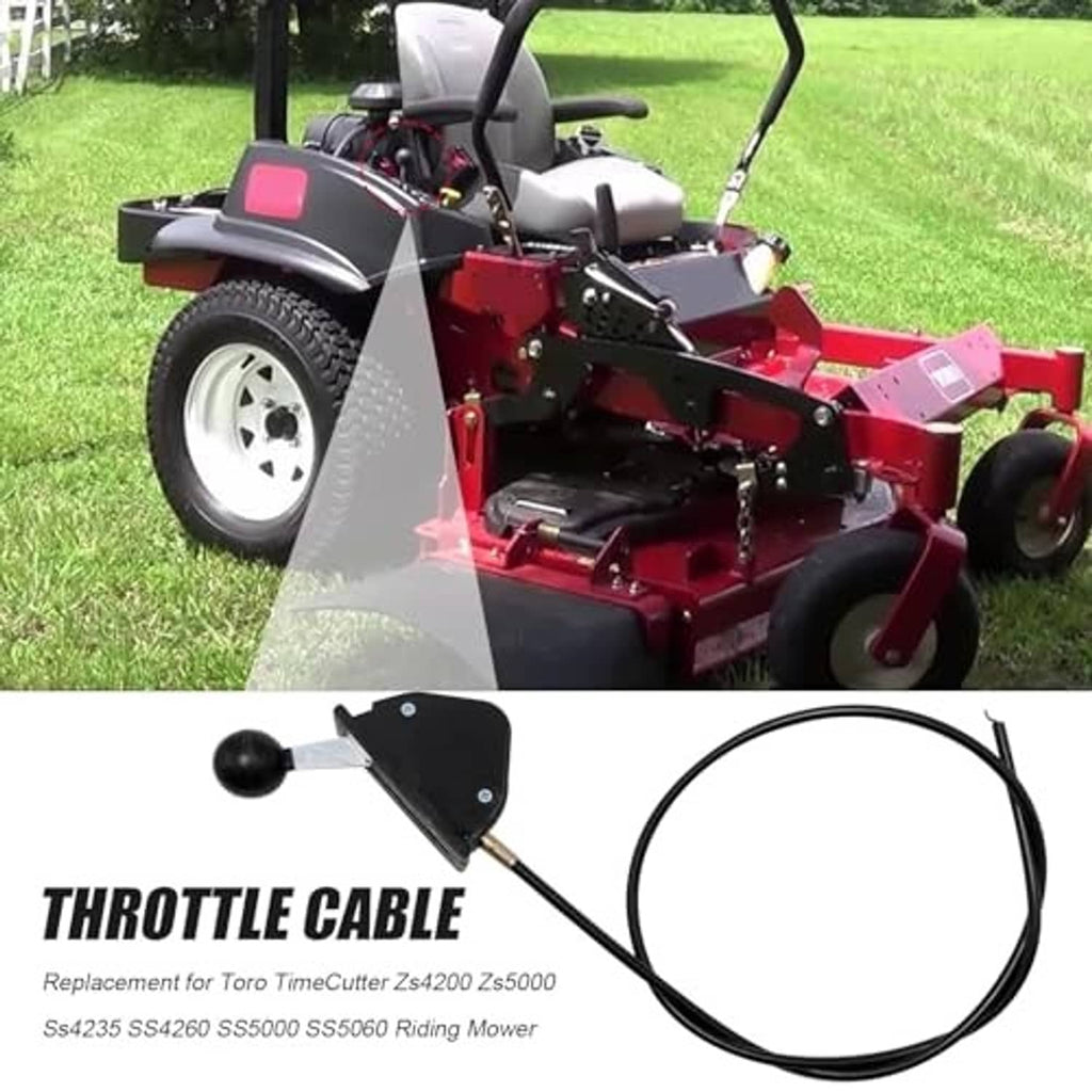 Throttle cable assembly pictured with black handle and looped cable on mower
