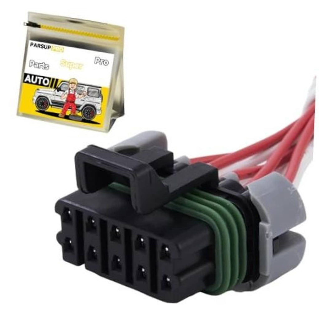 Auto headlight wiring connector pigtail with red wires, black housing, green contacts