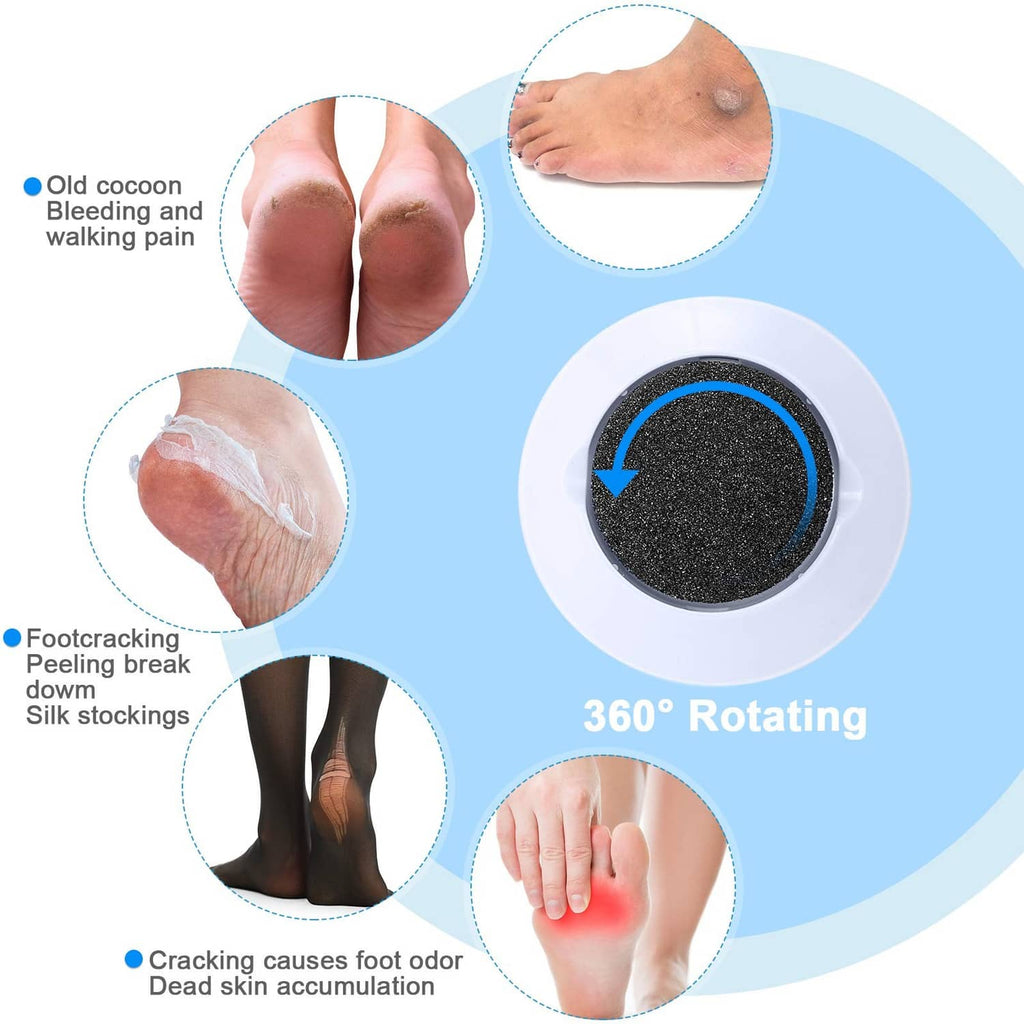 Round black abrasive pad on a rotating foot grinder head for foot care