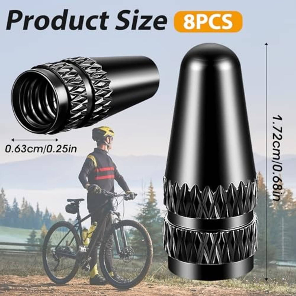 Black knurled Presta valve caps, 8-pack with size reference