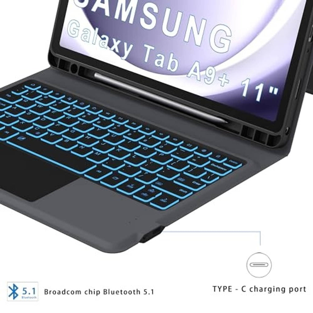 Close-up of black keyboard case showing blue backlit keys and USB Type-C charging port