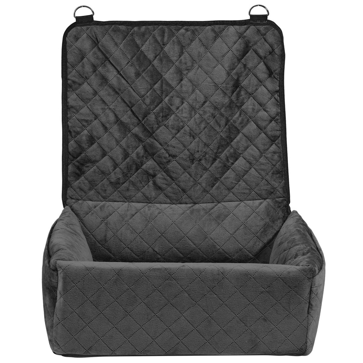 Black quilted dog booster car seat with padded front bolster and back panel