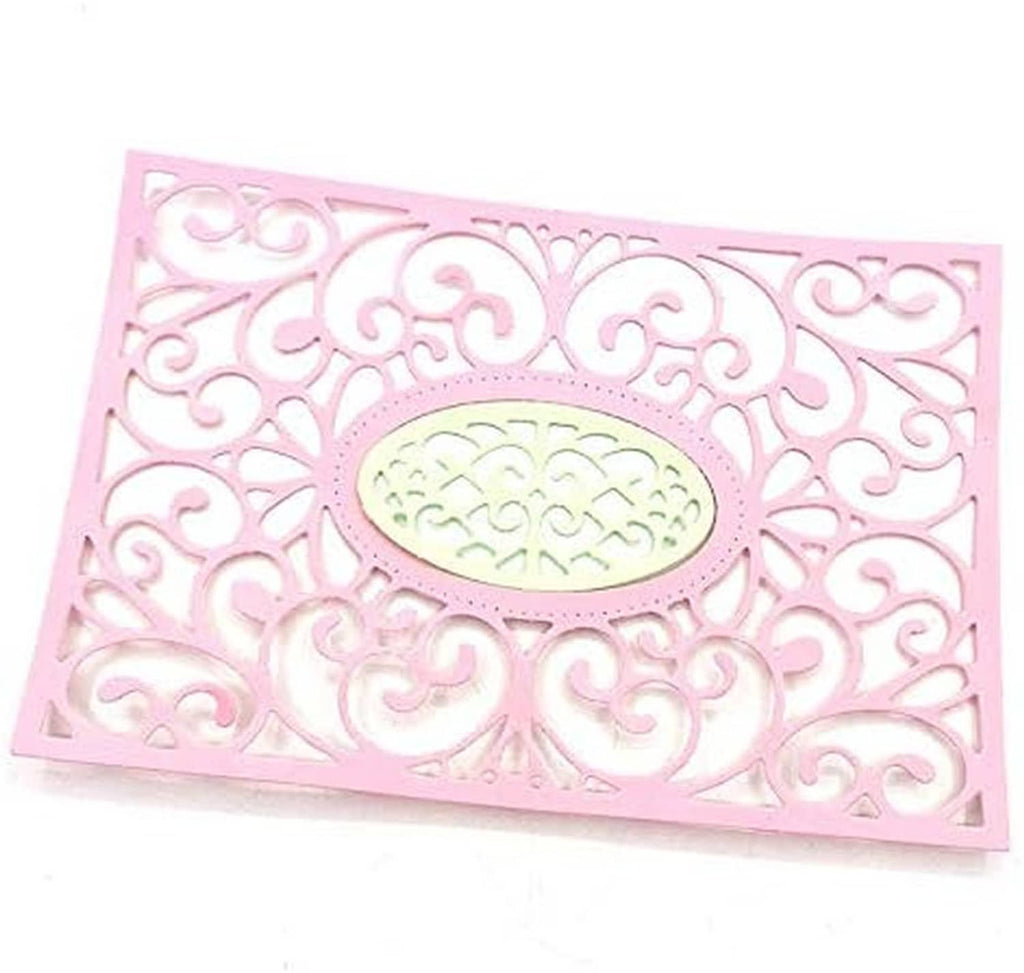 Pink decorative card featuring an oval lace flower frame with ornamental scrolls