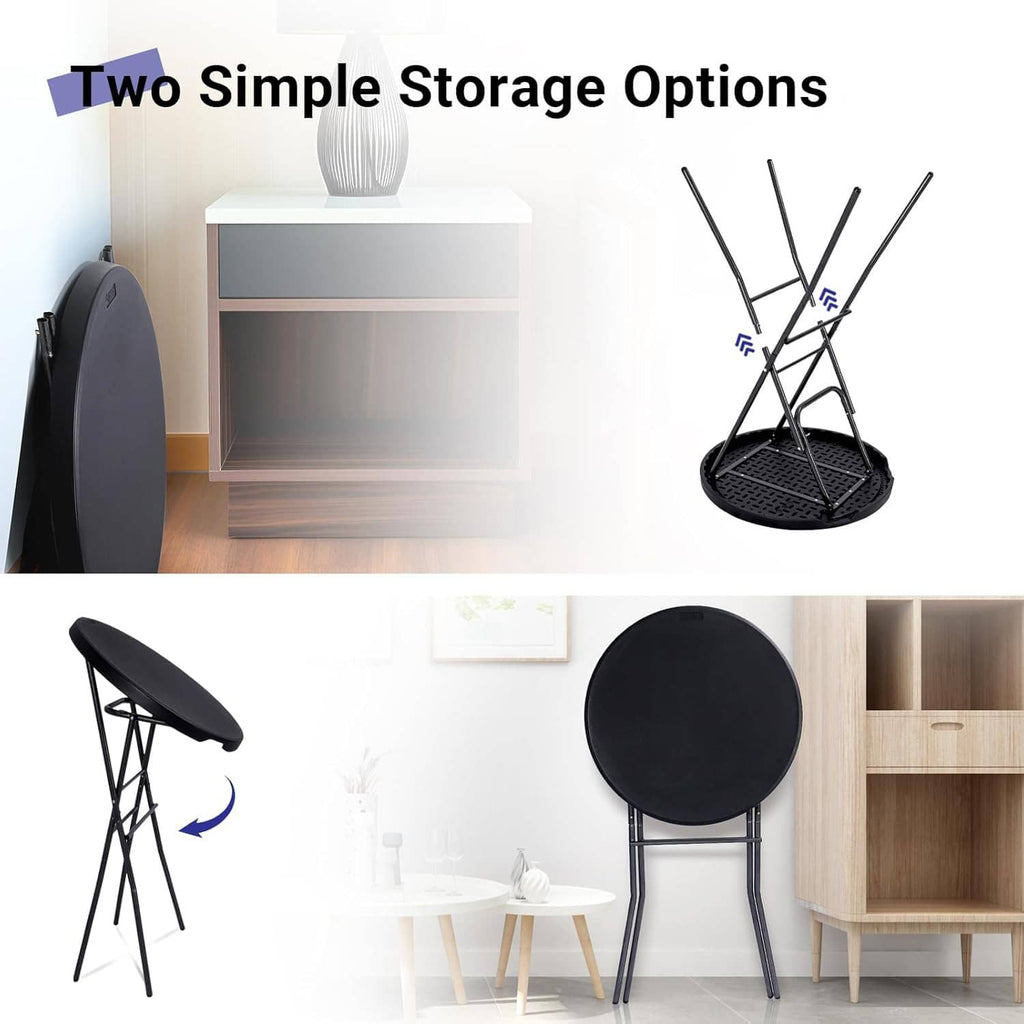 Folded black round cocktail table standing upright with underside support base