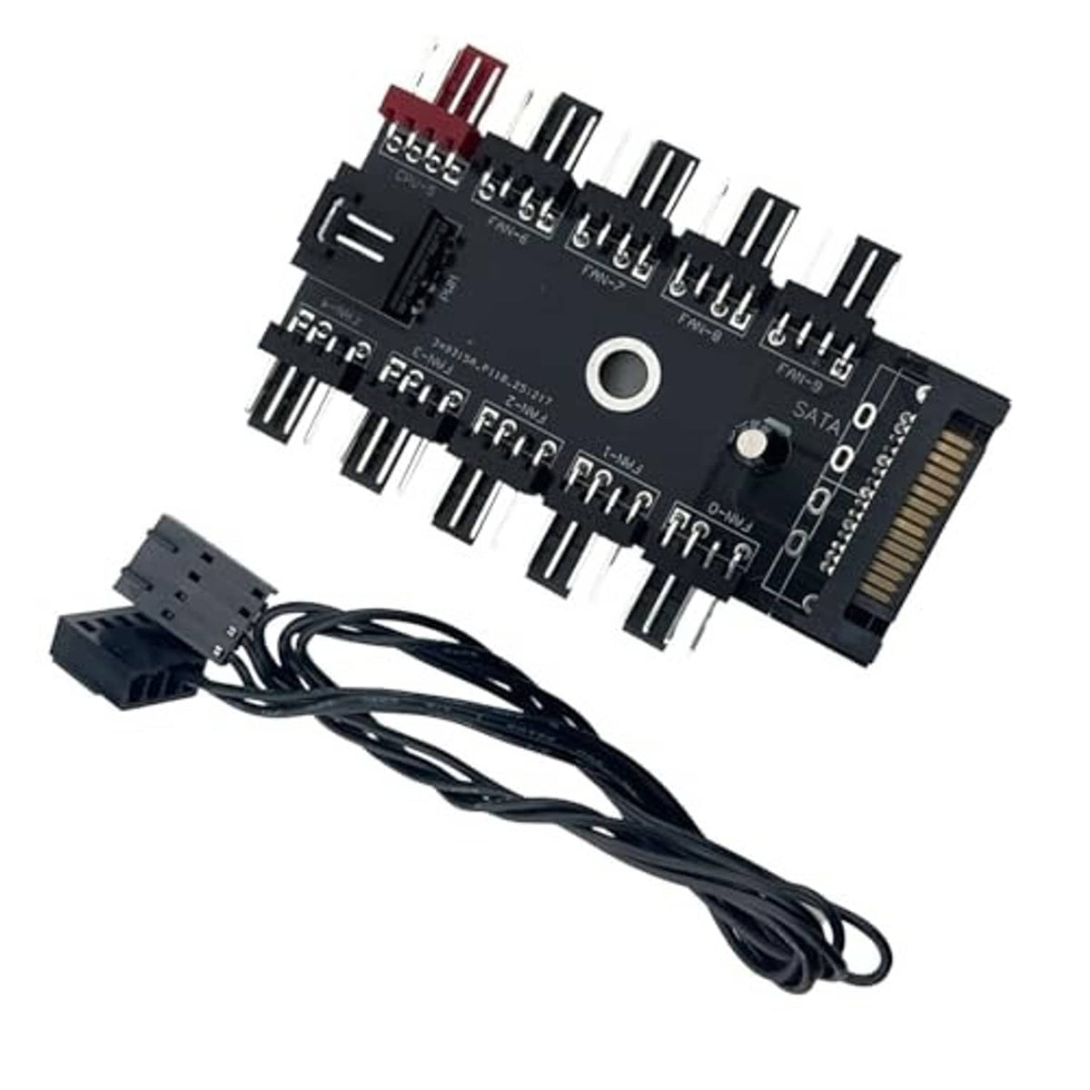10-way PWM fan hub PCB with SATA power port and multiple 4-pin fan headers