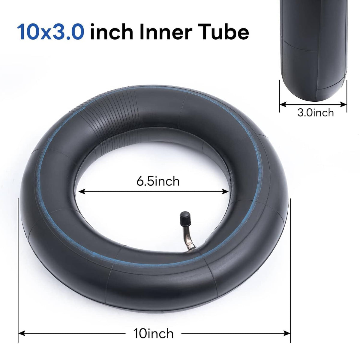 Black 10x3.0 inner tube with blue rim stripe and valve stem, single loop