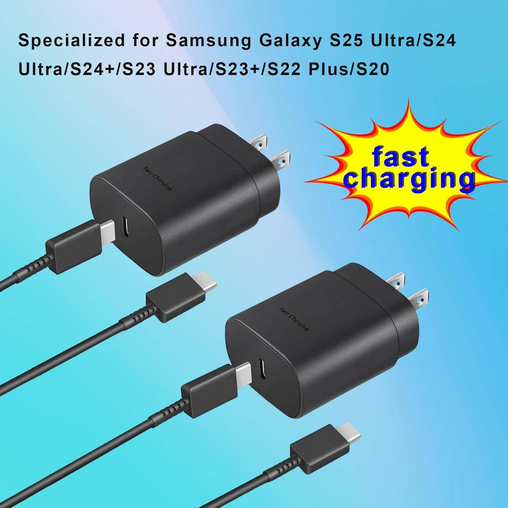 Two black USB-C fast chargers with two-prong plugs and USB-C cables