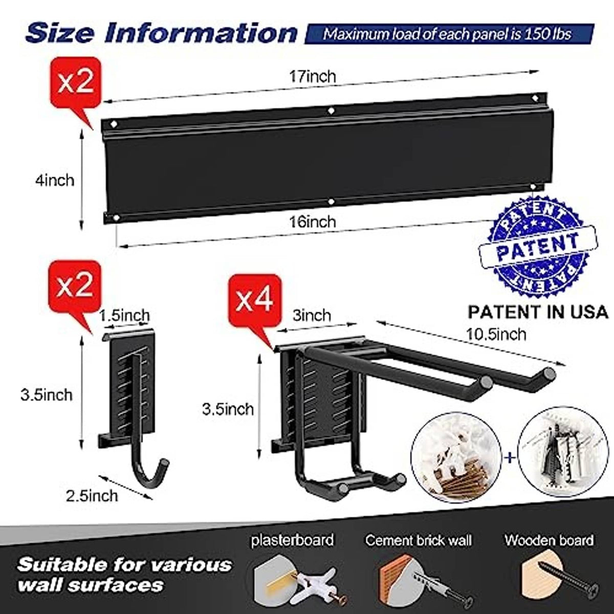 Black garage tool storage rack with 2 panels and 6 tool hooks