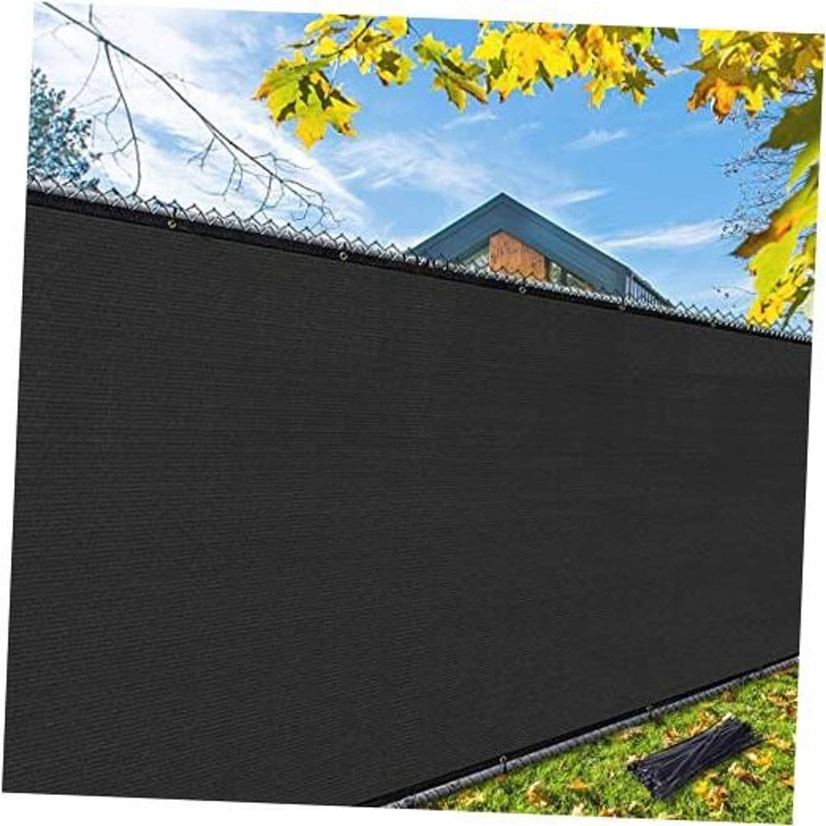 Black outdoor privacy screen fence panel with stitched edge and tight mesh texture