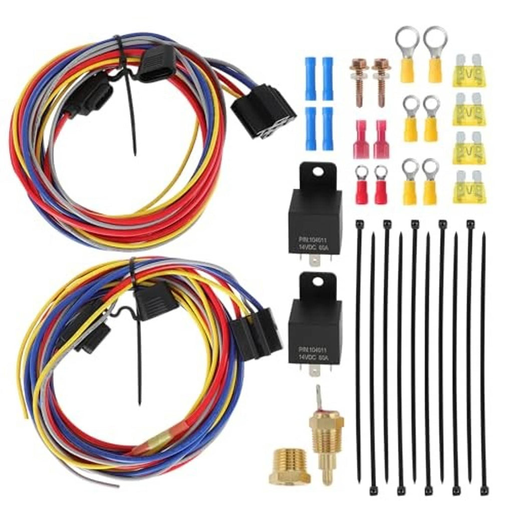 Dual electric fan relay kit set with relays, temperature probe, fuse holders, wiring harness