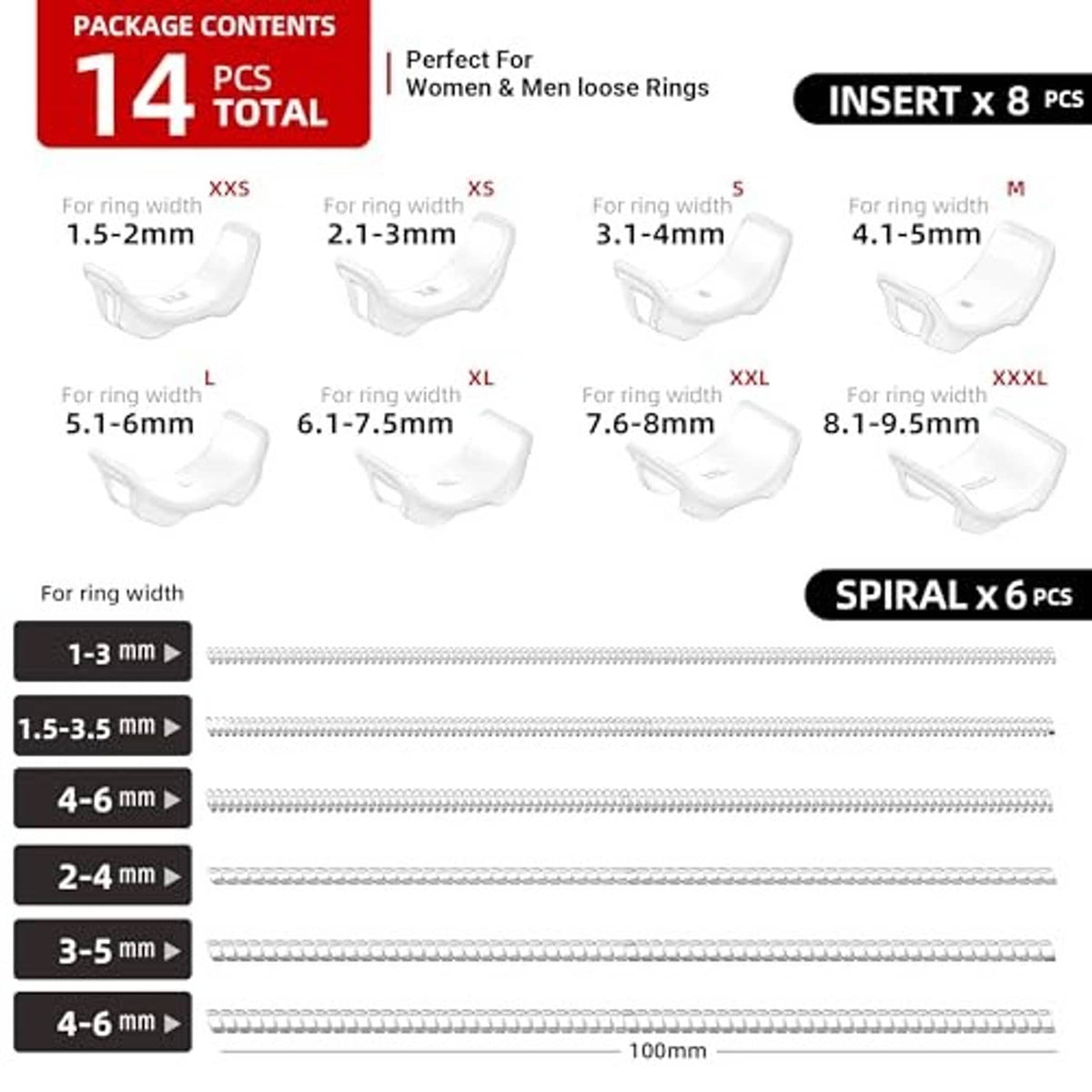 14-piece ring size adjuster insert pack with size width guide and spiral strips