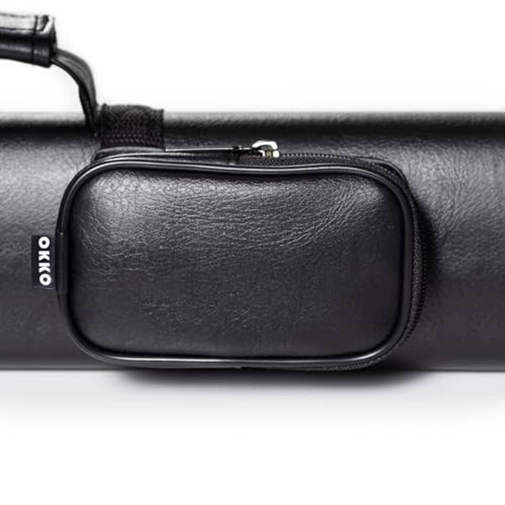Black padded billiard cue case front pouch with zipper and OKKO logo tab.