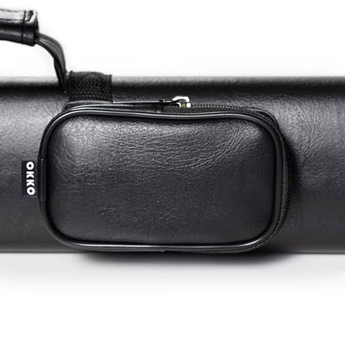 Black padded billiard cue case front pouch with zipper and OKKO logo tab.