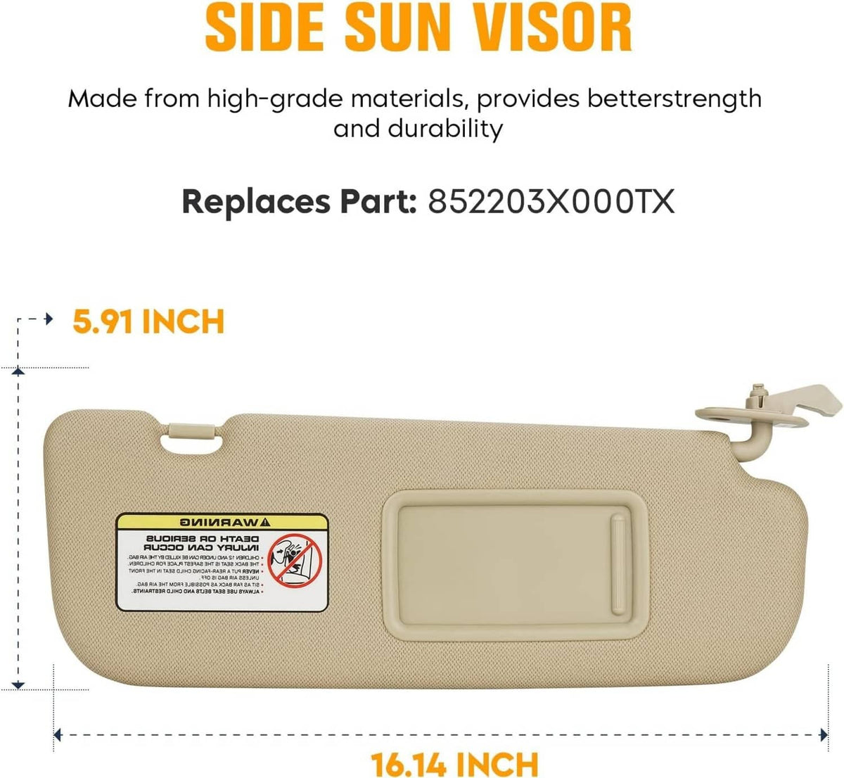 Beige sun visor with built-in mirror panel and right-side mounting bracket