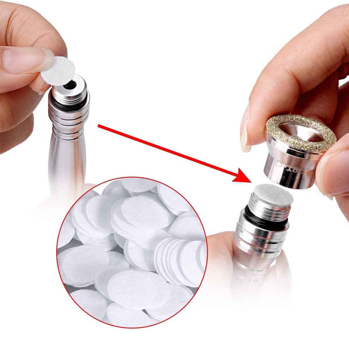 Microdermabrasion connector with white cotton filter discs, close-up view