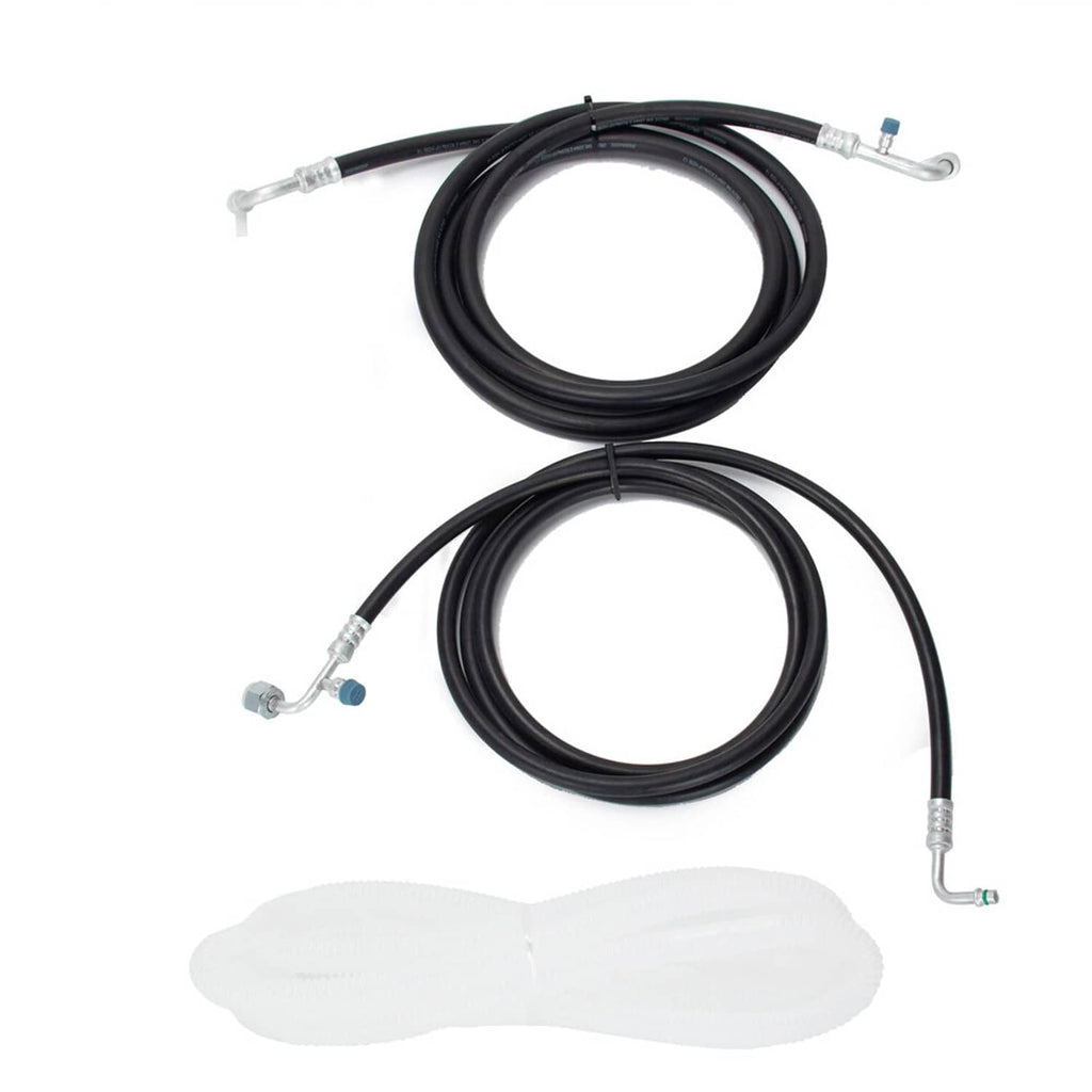 Two black refrigerant hoses with metal fittings and protective cable wraps