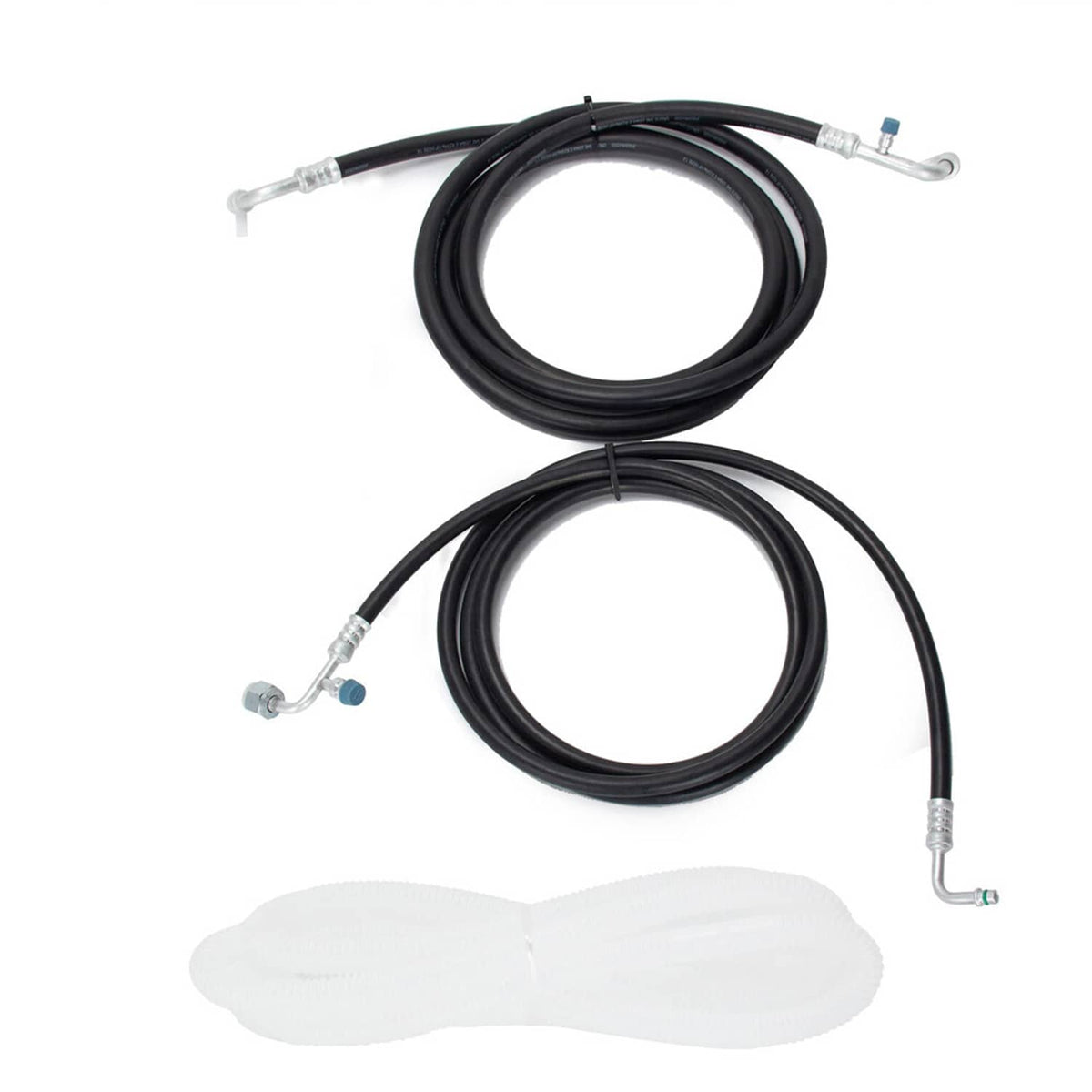 Two black refrigerant hoses with metal fittings and protective cable wraps