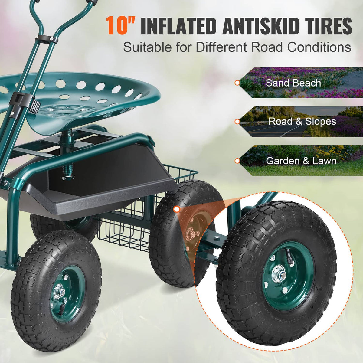 Green garden cart with seat, storage basket, and four oversized antiskid tires