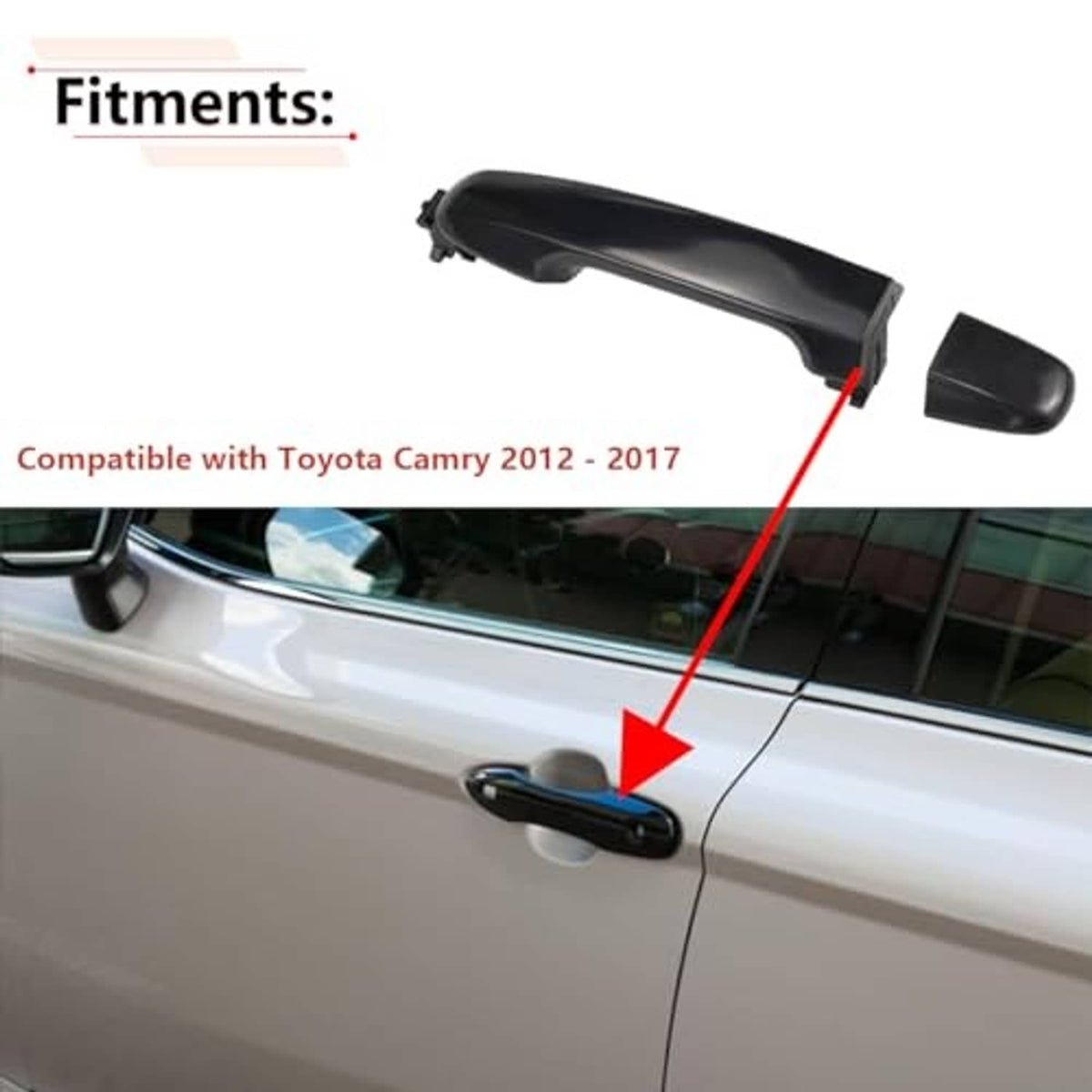 Black exterior door handle assembly shown with mounting point on car door