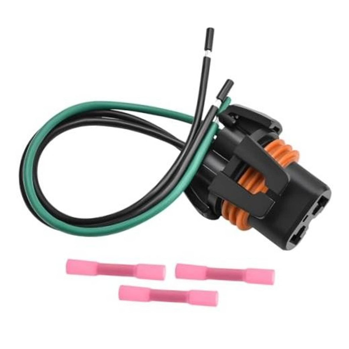 3-wire halogen bulb connector pigtail with black housing, orange insulator, green/black leads