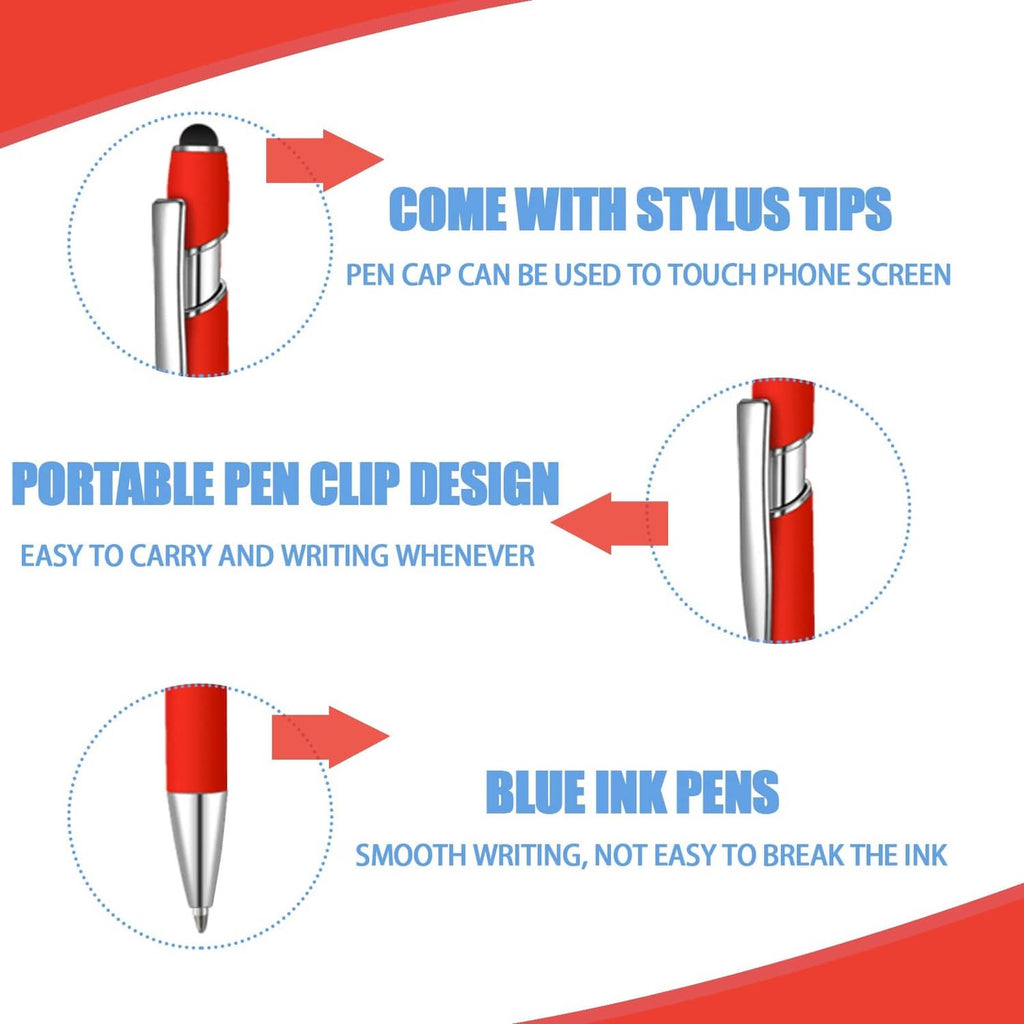 Red ballpoint pen with stylus tip, silver clip, blue ink