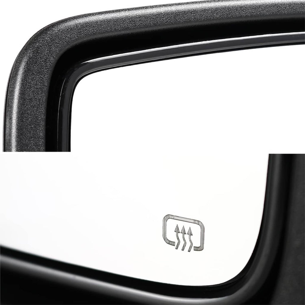 Heated mirror glass defrost symbol on black frame, close-up detail