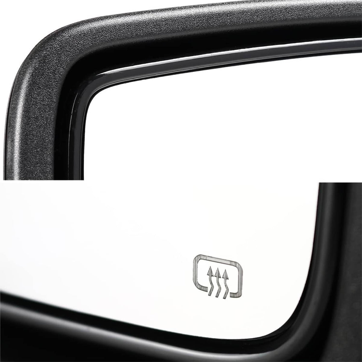 Heated mirror glass defrost symbol on black frame, close-up detail