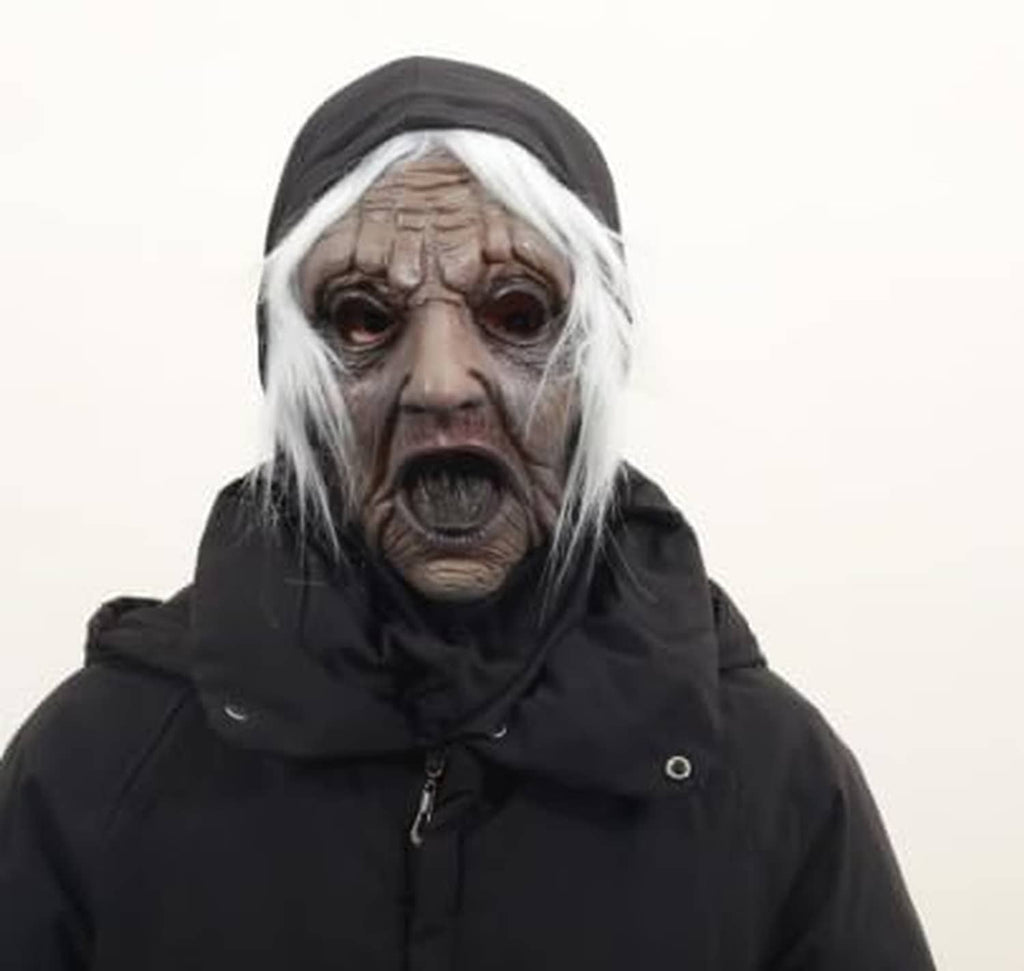 Old lady Halloween face mask with pale wrinkled face, white wig, black hood