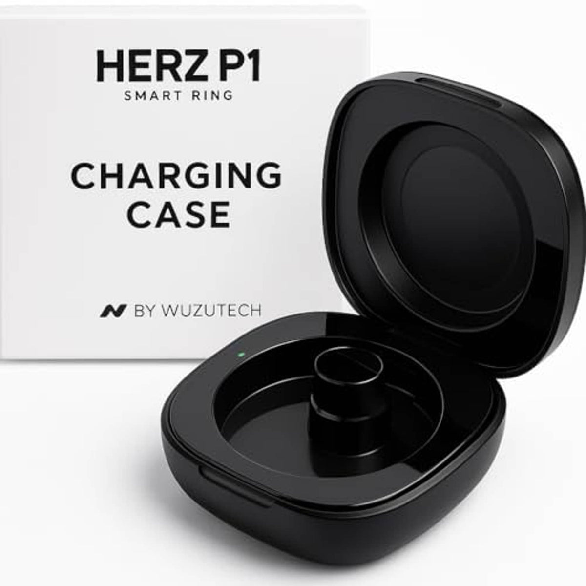 Black smart ring charging case with lid open and round charging port