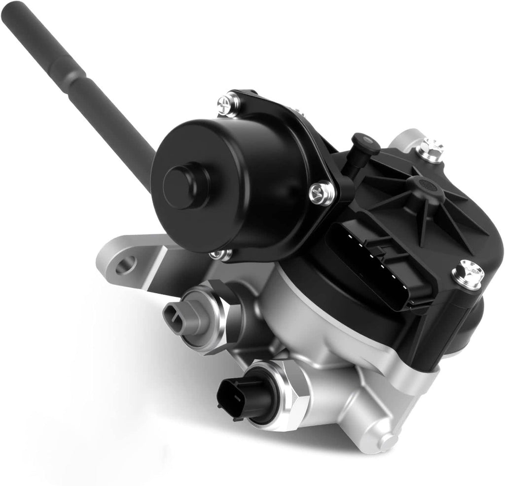 Transfer case actuator motor with round black motor body and silver mounting plate